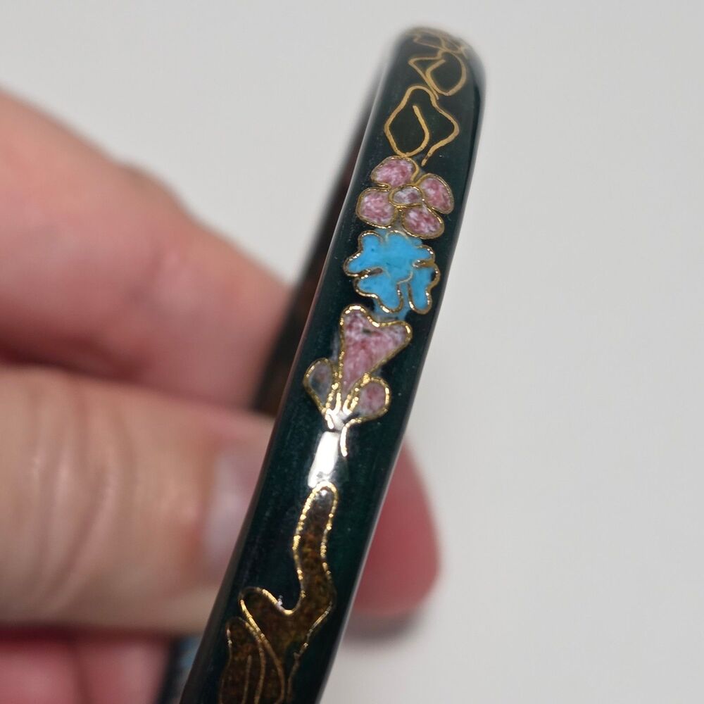 Vintage Chinese Cloisonné Enamel Bangle Bracelet Floral Design Dark Green